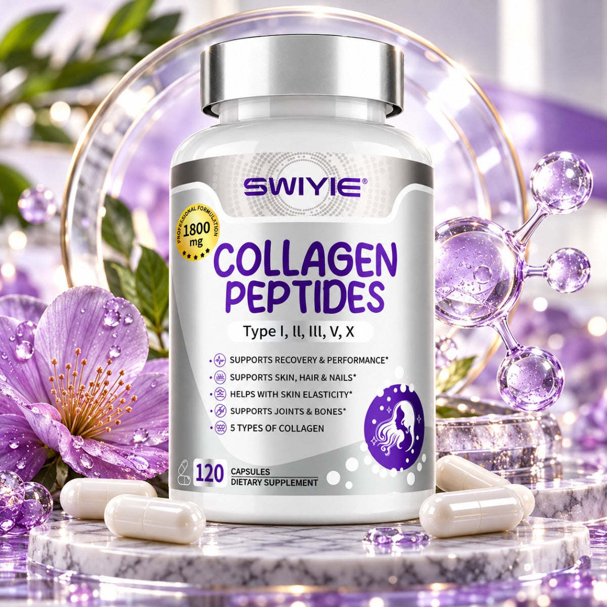 SWIYIE Collagen Peptides: Multicolágeno con Biotina, Vitamina C y Ácido Hialurónico 💜