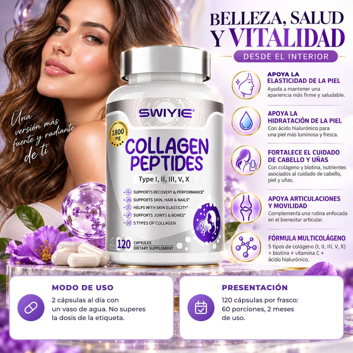 SWIYIE Collagen Peptides: Multicolágeno con Biotina, Vitamina C y Ácido Hialurónico 💜