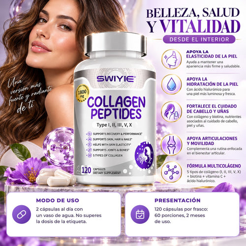 SWIYIE Collagen Peptides: Multicolágeno con Biotina, Vitamina C y Ácido Hialurónico 💜