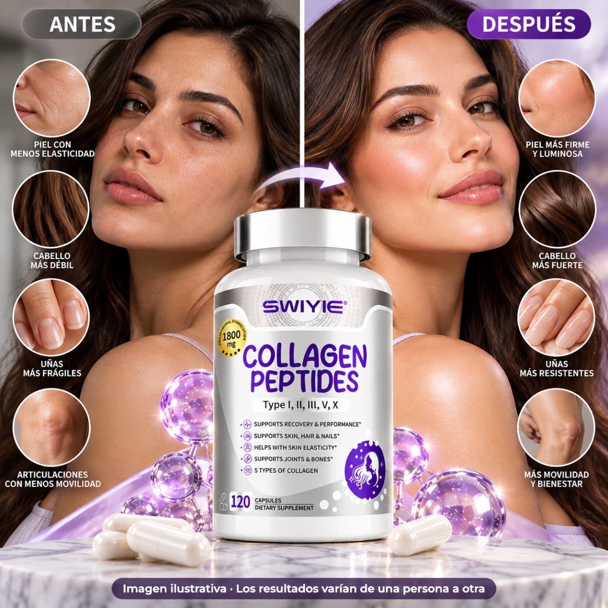 SWIYIE Collagen Peptides: Multicolágeno con Biotina, Vitamina C y Ácido Hialurónico 💜