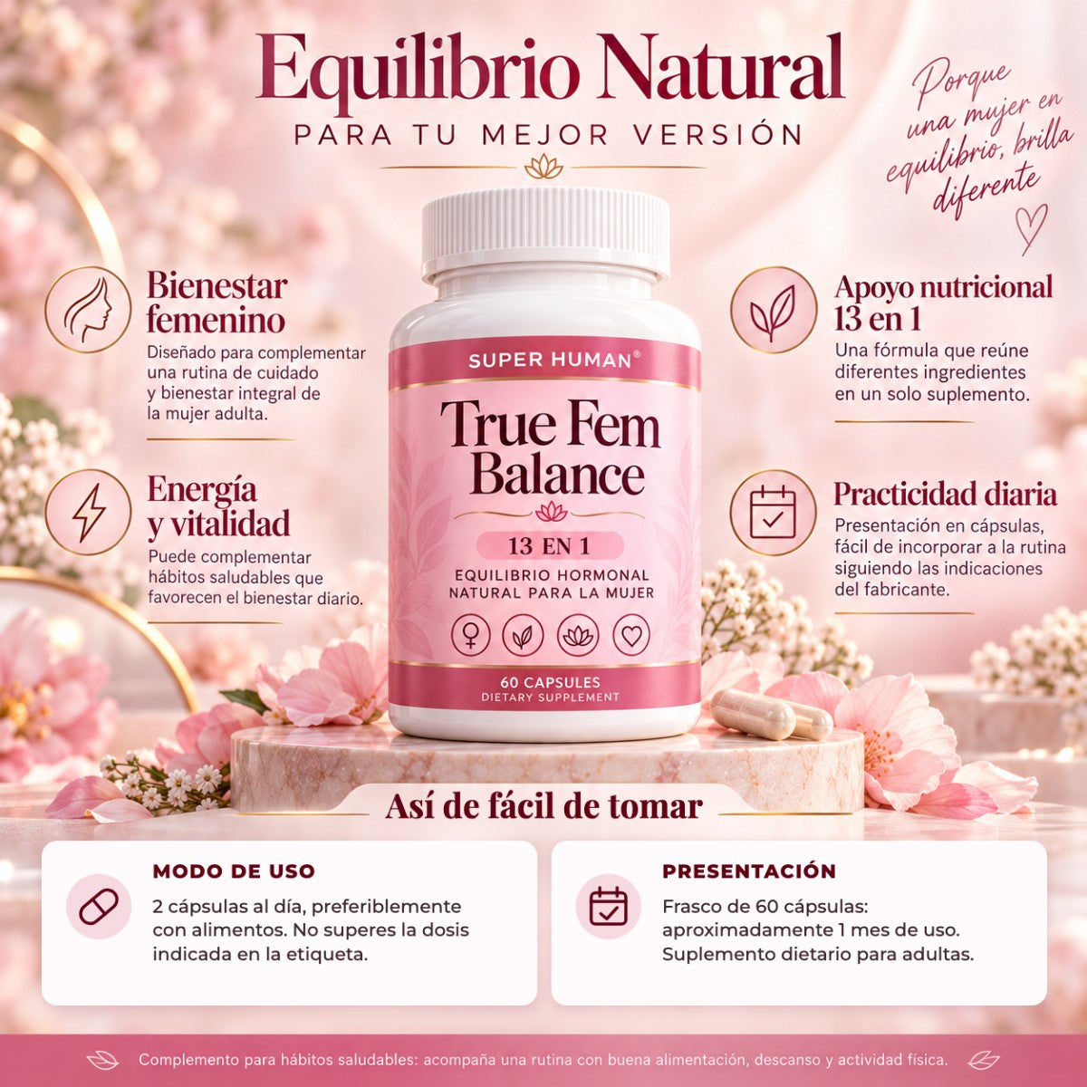 True Fem Balance 13 en 1 de Super Human: Bienestar Femenino en Cápsulas 🌸